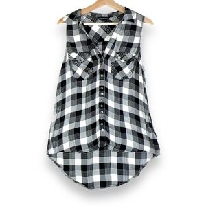 Rock & Republic Womens Flannel Shirt Medium Black and White Sleeveless 90s Retro